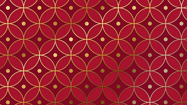 Japanese pattern shippo of interlocking gold circles on red, slowly drifting, seamless loop