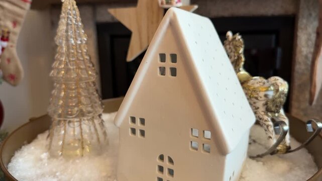 christmas house and tree in snow, festive decor, banner space, concept of home decor
