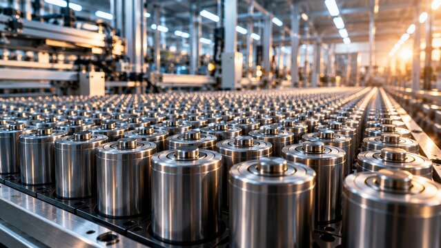 High-angle close-up view of countless cylindrical lithium-ion battery cells moving along automated conveyor belt line inside modern high-tech gigafactory facility with bright sunlight in background.