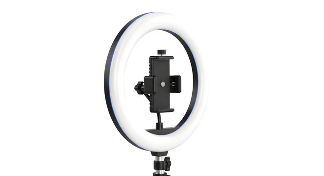 Professional LED Ring Light with Phone Holder on a Transparent Background for Content Creation and Studio Photography Setup