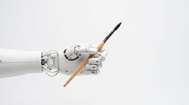 Robotic hand holding a paintbrush against a white background ideal for AI creativity concepts, tech blog headers, and marketing presentations
