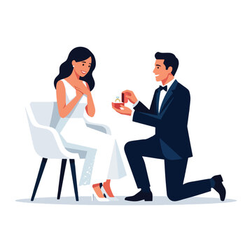 Man in tuxedo kneeling proposing with ring to woman in white wedding gown