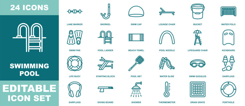 Set of 24 dark teal line icons for swimming pool equipment, including ladder, snorkel, goggles, and life buoy on white background