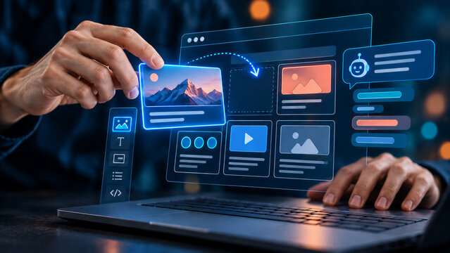 Hands arranging a website interface on a laptop with AI assistant. Vibe coding and no-code web design. Interactive website prototyping. Digital product development and content creation.
