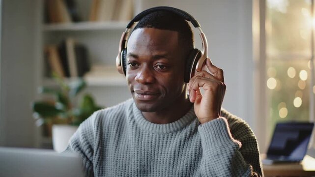 Adjusting over-ear headphones, adult man speaking to laptop at home office, wearing gray sweater