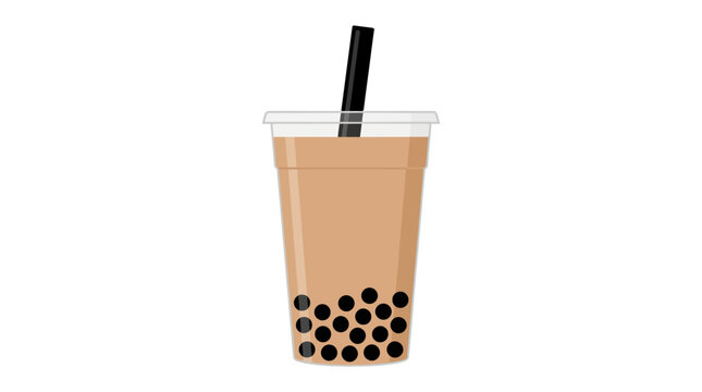 Bubble tea illustration featuring a clear plastic cup filled with milk tea and tapioca pearls with a black straw.