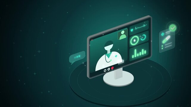 Isometric telehealth doctor consultation with check badge on teal