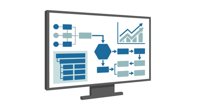 Computer monitor displays organizational charts and financial growth graphs on a digital screen against a plain background.