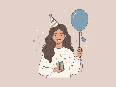 Happy smiling young woman celebrating birthday wearing festive party cone hat holding gift present box and blue air balloon line art illustration.