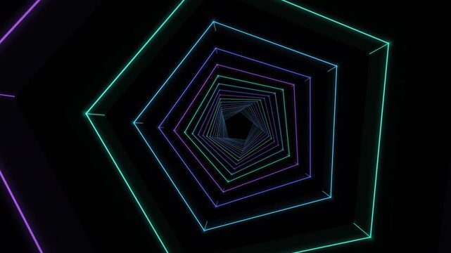 Nested neon pentagons rotate and shift inward on a black background, forming a hypnotic geometric tunnel with colorful futuristic energy for technology visuals.