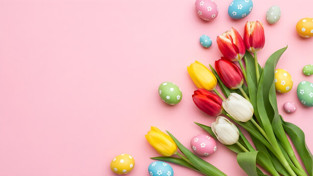 Beautiful Spring Tulips and Easter Eggs on a Pink Background - A Festive Celebration
