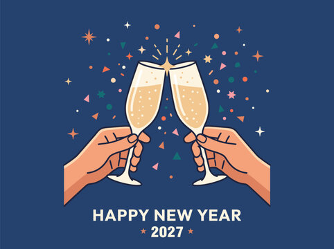 Two hands holding champagne flutes clinking together in a celebratory toast to welcome the arrival of the new year with festive spirit and joy.