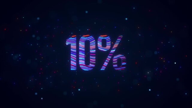 3D animation of futuristic 10 percent typography featuring rotating colorful blue and purple flowing lines, glowing particles, luminous bokeh, and vibrant digital energy against dark background.