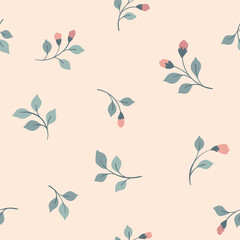 Fototapeta premium Seamless floral pattern, romantic ditsy print of tiny hand drawn twigs in pastel colors. Cute botanical design in folk motif. Small flowers, mini plants, leaves, white background. Vector illustration.