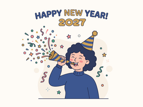 A joyful person with curly hair wearing a party hat blows into a festive noisemaker, surrounded by colorful confetti and celebratory elements to welcome the new
