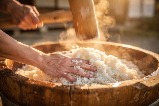 Traditional Japanese Mochi Pounding with Steamed Rice and Hands