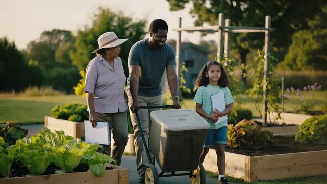 Walking trio entering left on garden path, pushing compost bin, senior in sun hat, discussing tasks
