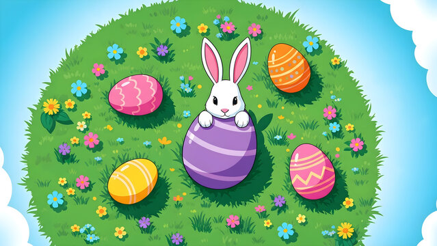 Cute White Easter Bunny Peeking Out From Behind a Large Colorful Painted Egg Surrounded by Flowers on a Sunny Spring Meadow