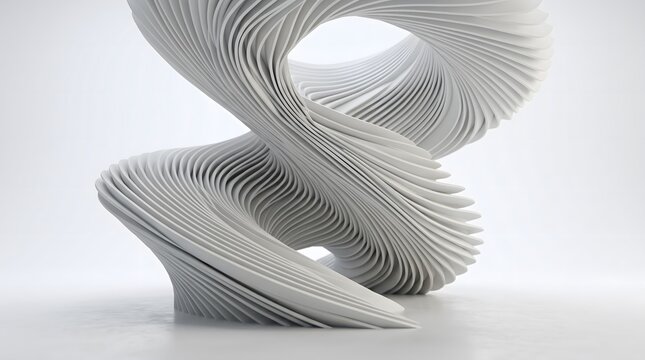 Modern futuristic white parametric structure with twisted curved lines and spiral architectural design on clean background