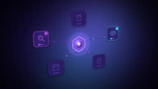 Violet AI agent core waiting among floating tool tiles seamless loop