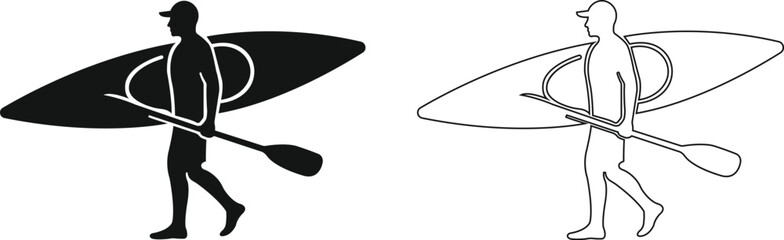 Canoe kayak kayaking paddle rower water sport icon set collection in black flat and line style editable outdoor activity elements group isolated on transparent background vector symbol © Asia