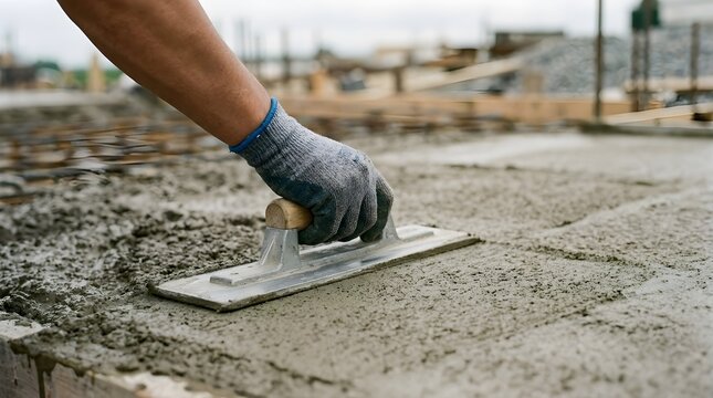 Construction Worker Smooths Fresh Concrete With Trowel