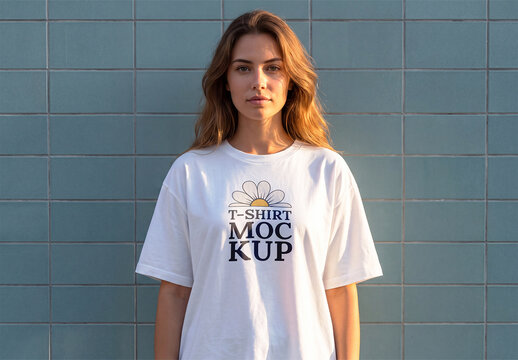 White T Shirt Mockup on Female Model