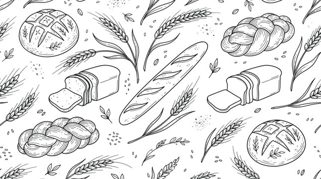 Hand Drawn Bakery Seamless Pattern Vector with French Baguette, Sliced Loaf, Braided Challah, and Wheat Ears Doodle Background Graphic for Packaging Designs