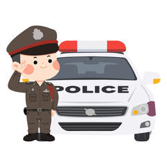 Friendly Thai Police Officer Character Saluting with Patrol Car © focus_bell