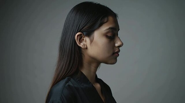 Raising hand, model tucking hair behind ear, grooming against gray backdrop with black satin top