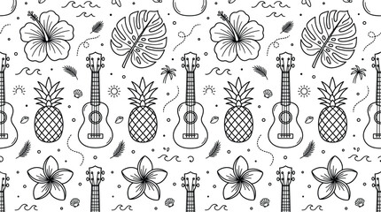 Tropical Hawaiian Seamless Pattern Vector with Ukulele, Pineapple, Hibiscus Flower, and Monstera Palm Leaves Doodle Background Graphic for Summer Fabric and Wallpaper Designs © samima