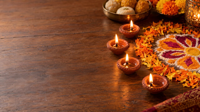Terracotta diyas burning beside a rangoli on a wooden table for Diwali