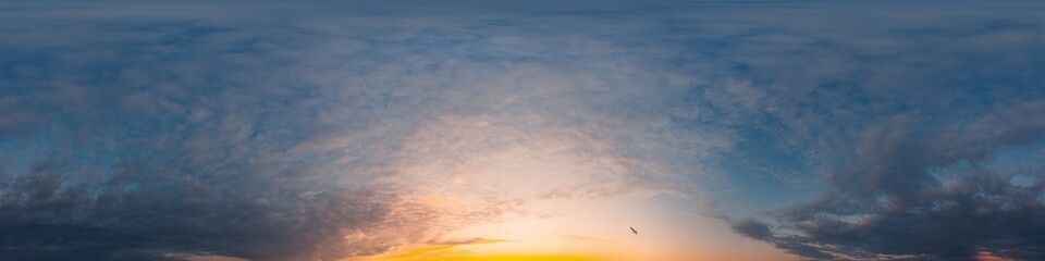 Sunset sky panorama with bright glowing pink Cumulus clouds. HDR 360 seamless spherical panorama. Full zenith or sky dome in 3D, sky replacement for aerial drone panoramas. Climate and weather change. © svetograph