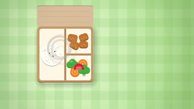 Top view lunch box with fried chicken rice and vegetables on green