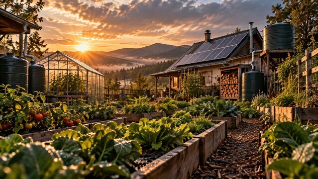 Sustainable off-grid homestead with solar panels, greenhouse, and rainwater harvesting tanks at sunset. Eco-friendly lifestyle, permaculture garden, vegetable beds, and self-sufficiency.