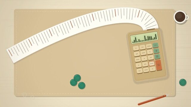 Top view of a beige calculator with a long receipt tape seamless loop