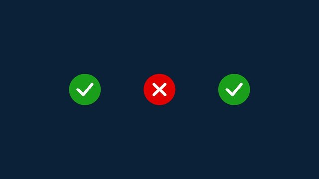 Seamless loop of a cascading scoreboard sequence featuring multiple green checkmark and red cross symbols appearing in a rhythmic staggered delay from left to right on a dark blue background.