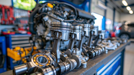 Fototapeta premium Automotive engine pistons and connecting rods arranged with crankshaft bearings, valves and other precision auto parts across a sturdy workbench in a professional repair workshop, detailed metal tex