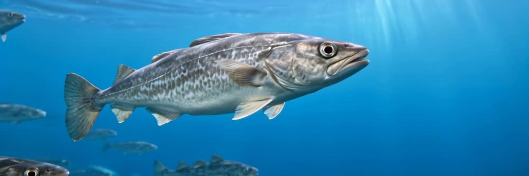 School of cod fish swimming in clear blue ocean, seafood website banner with copy space