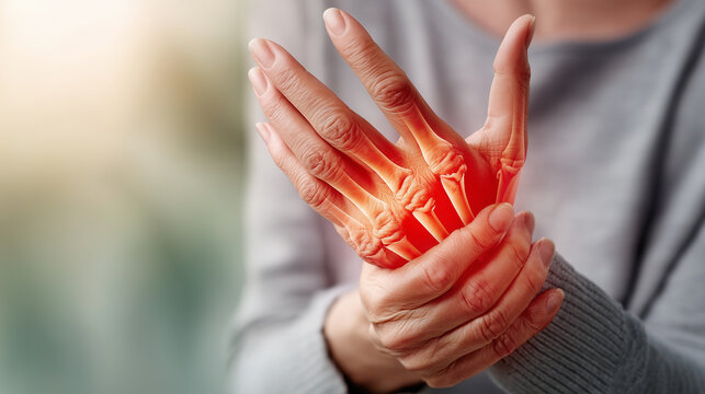 Close-up of an injured hand with a medical X-ray-style bone visualization, illustrating fracture, trauma, orthopedic care, diagnosis, treatment and musculoskeletal health.