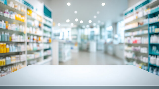 Bright contemporary pharmacy with turquoise shelving, medicines and a large clean wooden display counter in the foreground, ideal for healthcare, pharmaceutical and retail concepts.