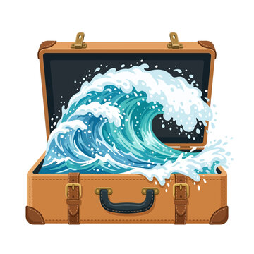Wave crashing out of an open suitcase with water splashing.