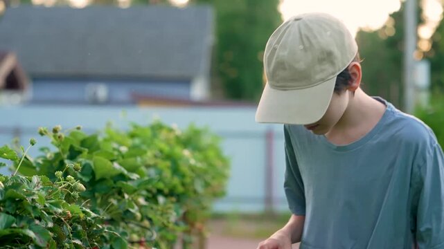 A curious young boy discovers fresh strawberries while exploring a vibrant greenhouse garden. The future gardener stands among green plants, learning nature secrets.