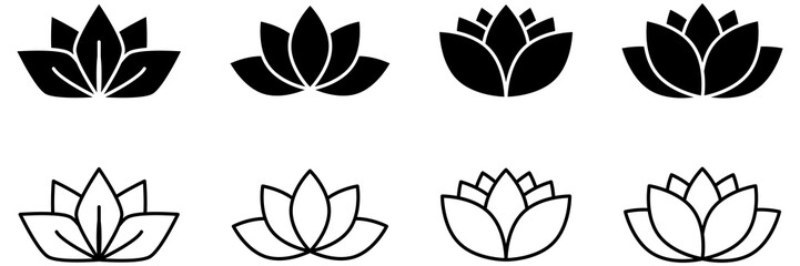 Fototapeta premium lotus flower icon set in outline, solid black silhouette. lotus flower icons for yoga, relax, calm, spa, wellness, harmony, and meditation app and brand designs. web icons symbols