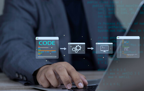 Software engineering pipeline and code processing workflow with developer typing on laptop displaying code syntax, system build gears, and script execution output.