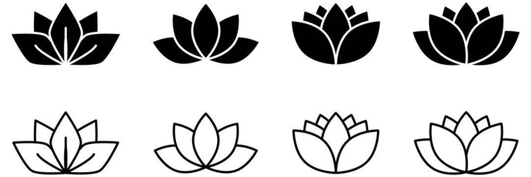 lotus flower icon set in outline, solid black silhouette. lotus flower icons for yoga, relax, calm, spa, wellness, harmony, and meditation app and brand designs. web icons symbols