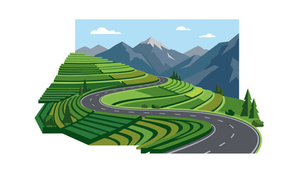Fototapeta premium Winding Road Through Lush Green Mountain Rice Terraces Illustration