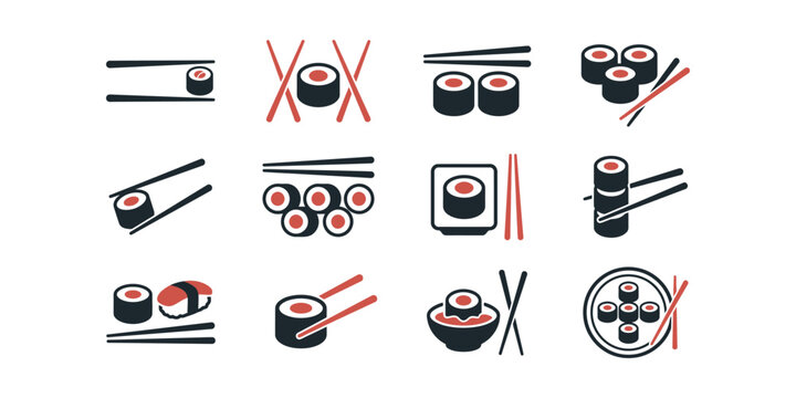 Set of sushi roll icons with chopsticks illustration.