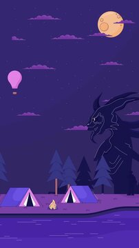 Mysterious fantasy creature at night camp lofi vertical animation. Eerie cryptid walking past moonlit campsite. Animated looping scene for social media reels. Flat cartoon mobile live wallpaper