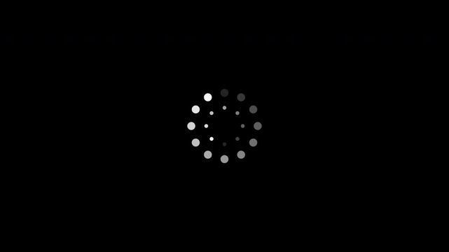 Seamless loop of a dual concentric loading animation on a solid black screen, featuring an outer ring of fading white dots rotating clockwise and an inner ring rotating counter-clockwise.